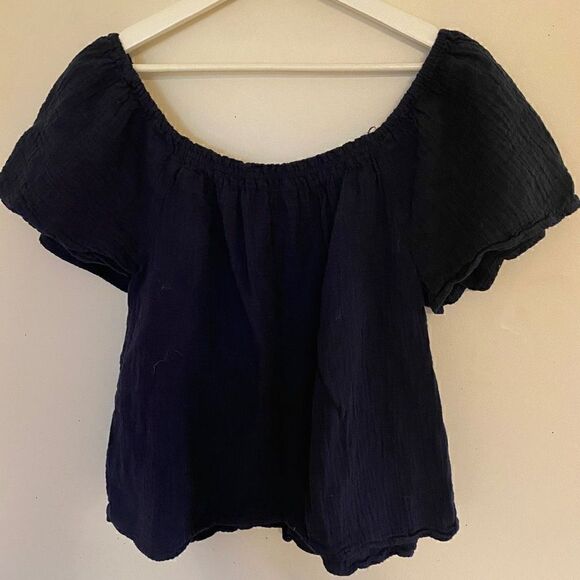 Time and Tru XL 100% Cotton Navy Blue Short Sleeve Blouse - Picture 5 of 8